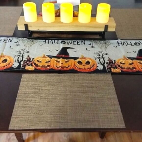 Halloween Spooky Jack O Lantern 54" Tapestry Table Runner NWOT - Picture 4 of 14